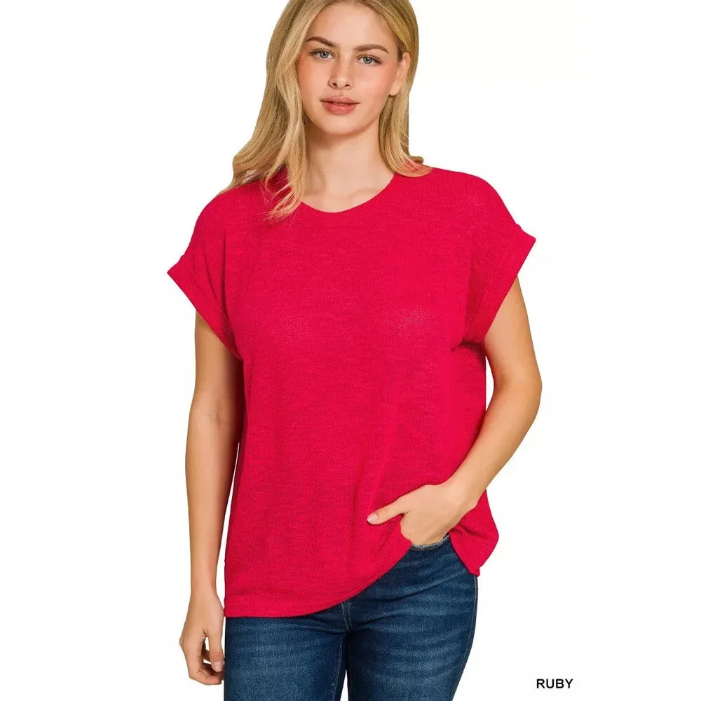 Zenana Hacci Slub Rolled Up Sleeve Tee